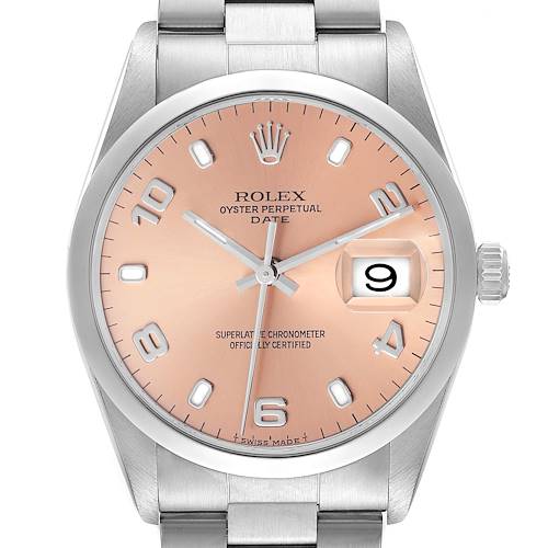 The Rolex Date 15200 Men's Stainless Steel Pink Dial 15200 Men's Stainless Steel Pink Dial model is shown from a front angle, highlighting the dial, hands, bezel, and part of the bracelet.