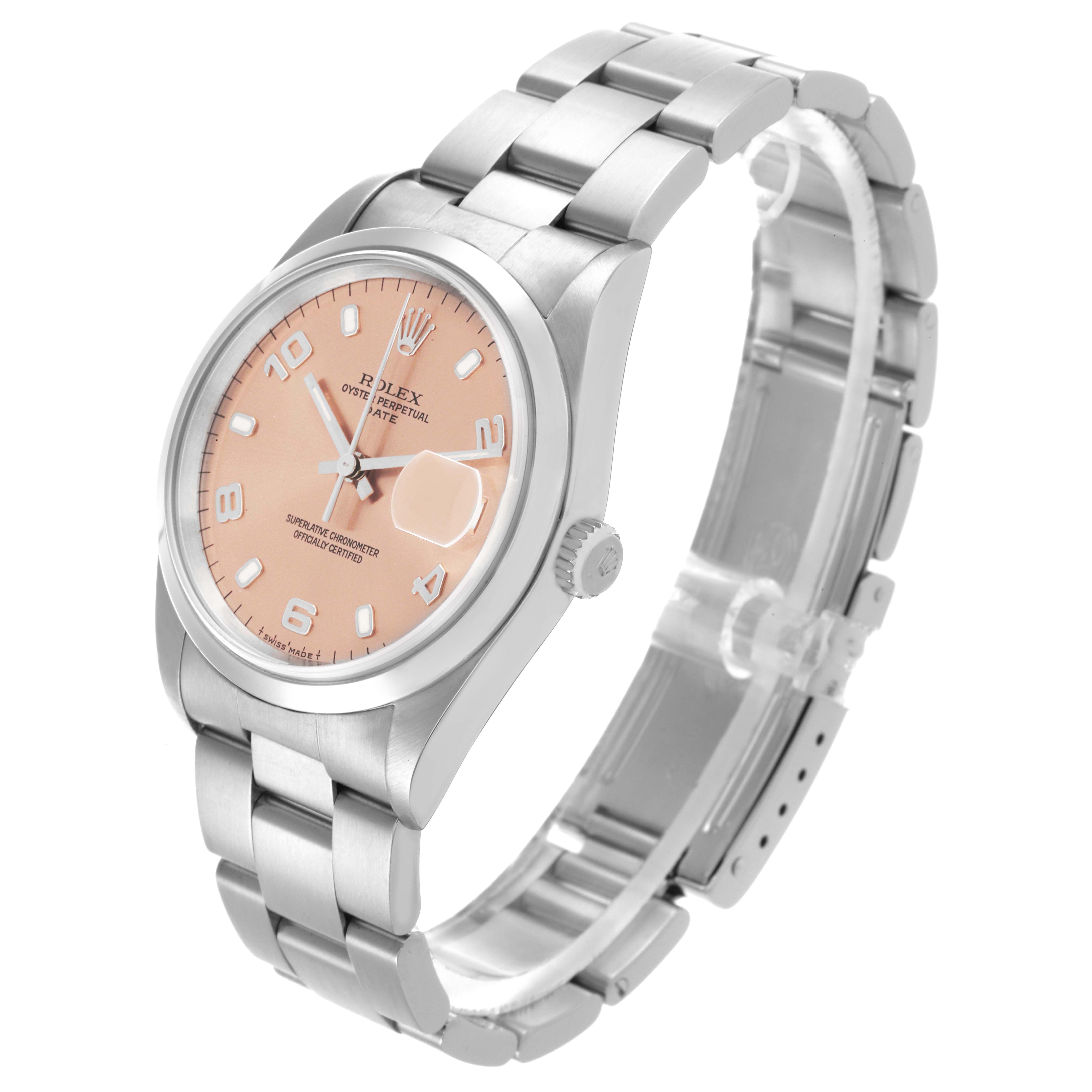 The Rolex Date 15200 Men's Stainless Steel Pink Dial 15200 Men's Stainless Steel Pink Dial model is shown at a three-quarter angle, highlighting the face, bezel, and bracelet.