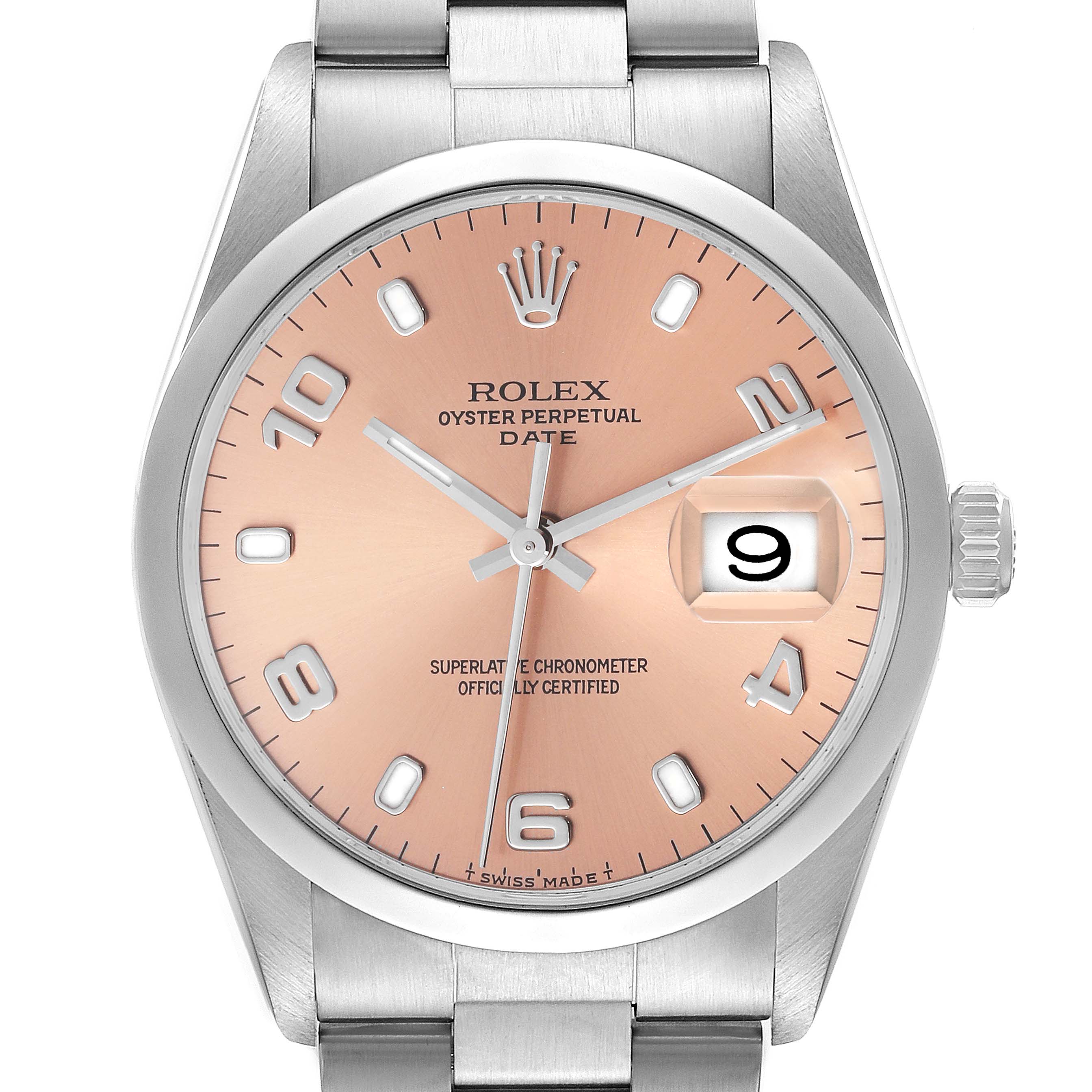 The Rolex Date 15200 Men's Stainless Steel Pink Dial 15200 Men's Stainless Steel Pink Dial watch is shown from a front angle, highlighting the face, dial, and part of the bracelet.