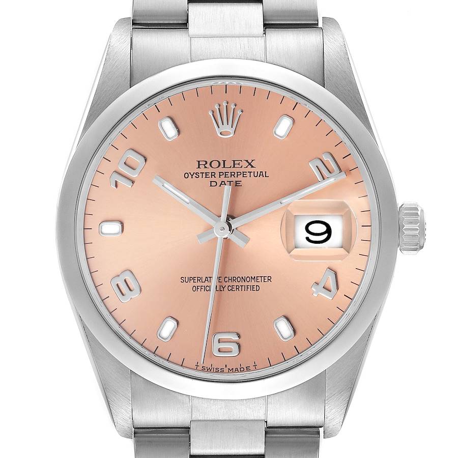 The Rolex Date 15200 Men's Stainless Steel Pink Dial 15200 Men's Stainless Steel Pink Dial watch is shown from a front angle, highlighting the face, dial, and part of the bracelet.