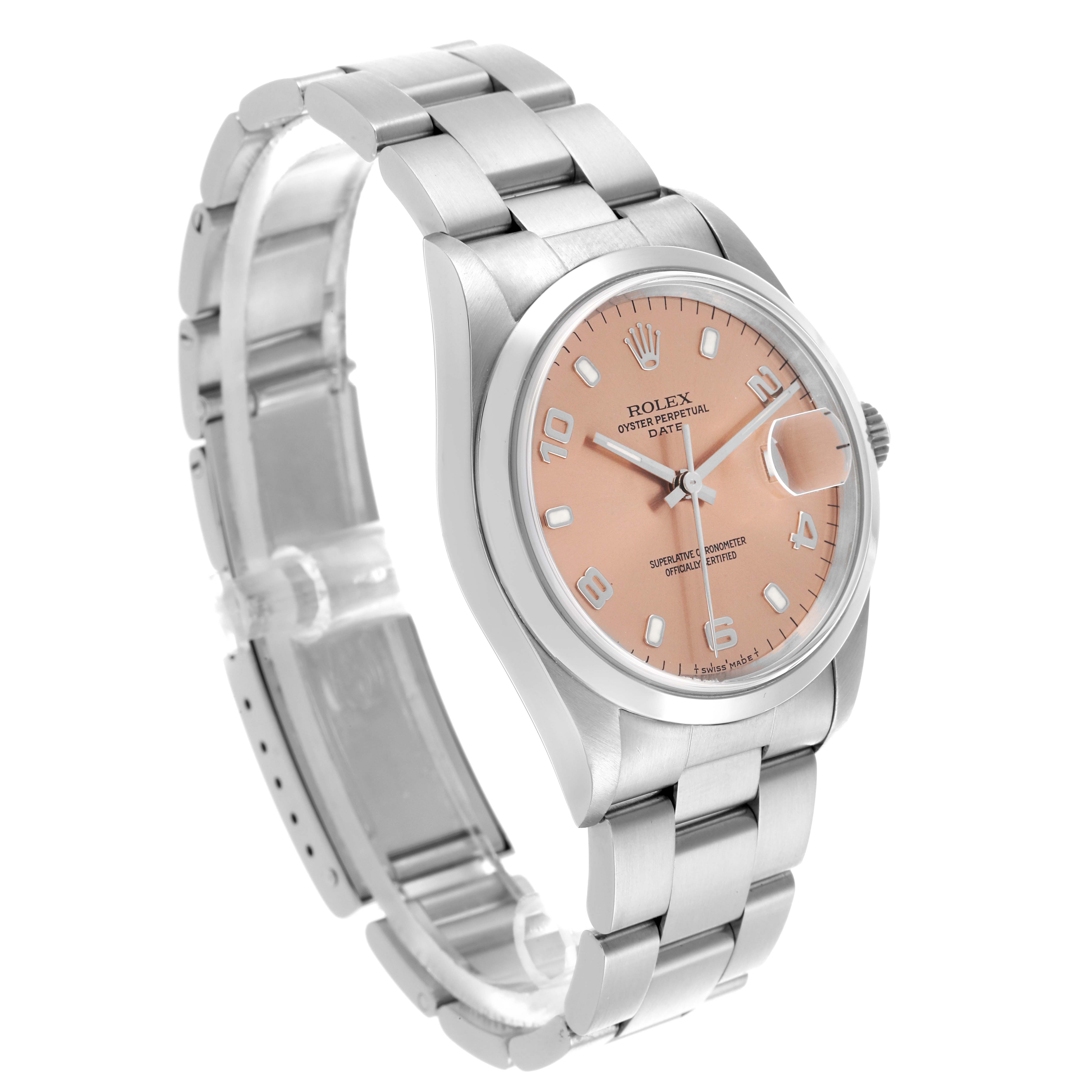 The Rolex Date 15200 Men's Stainless Steel Pink Dial 15200 Men's Stainless Steel Pink Dial model is shown at a three-quarter angle, highlighting the dial, bracelet, and bezel.