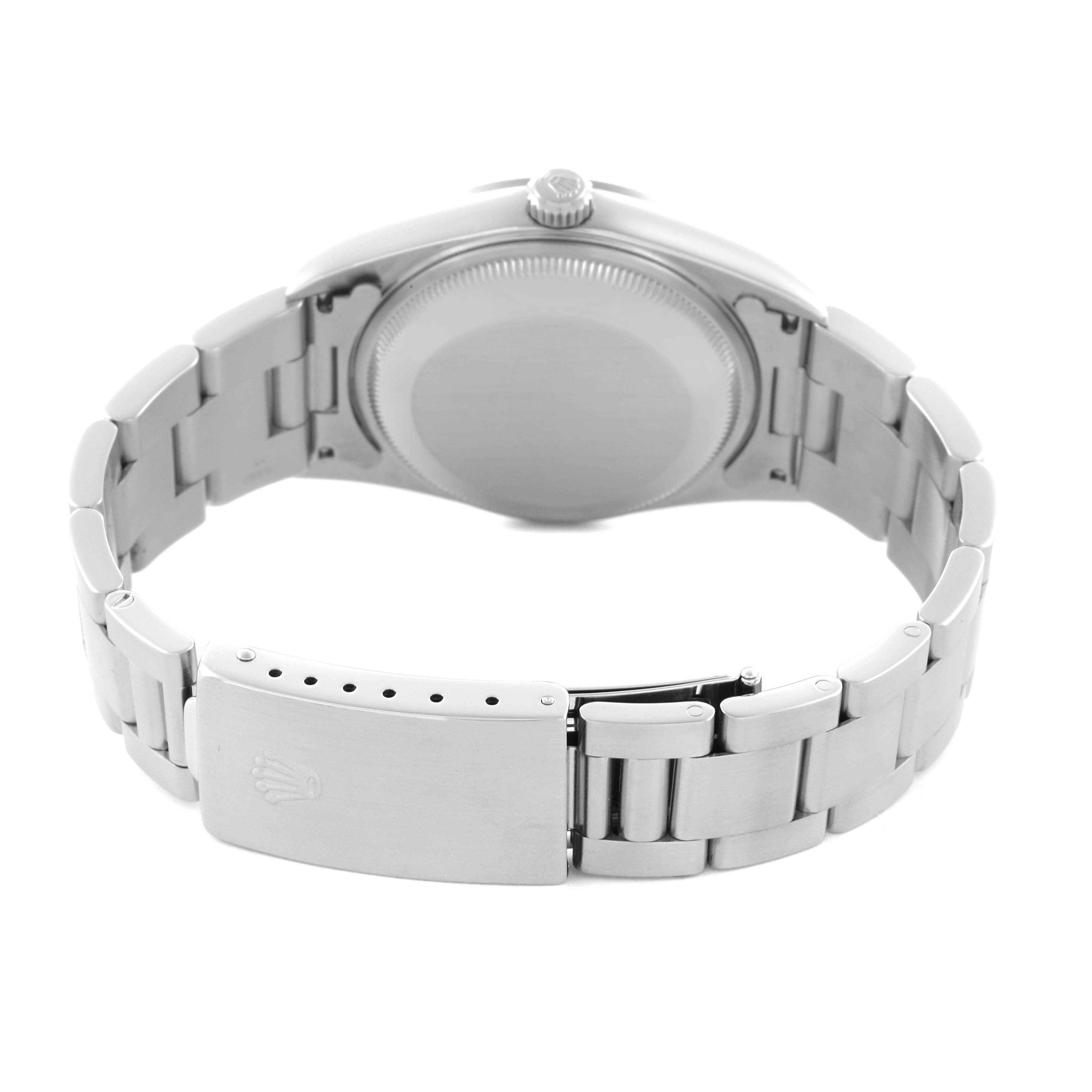 The image shows the back and clasp of the Rolex Date 15200 Men's Stainless Steel Pink Dial 15200 Men's Stainless Steel Pink Dial watch, focusing on the bracelet and case back.