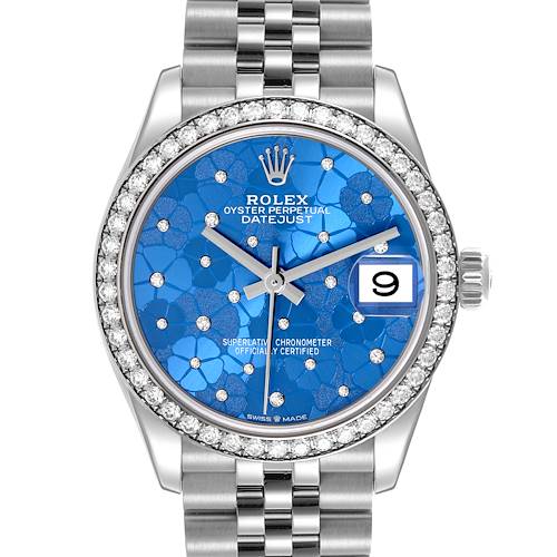 The Rolex Mid-Size 278384 Women's Stainless Steel Blue Dial 278384 Women's Stainless Steel Blue Dial Datejust is shown from a front angle, highlighting the bezel, dial, hands, and bracelet.
