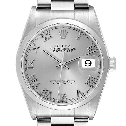 The Rolex Datejust 16200 Men's Stainless Steel Silver Dial 16200 Men's Stainless Steel Silver Dial watch is shown from a frontal angle, displaying the dial, hands, date window, and part of the bracelet.