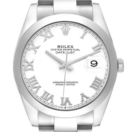 The Rolex Datejust 41 126300 Men's Stainless Steel White Dial 126300 Men's Stainless Steel White Dial is shown from the front, displaying the dial, hands, bracelet, and cyclops lens over the date.