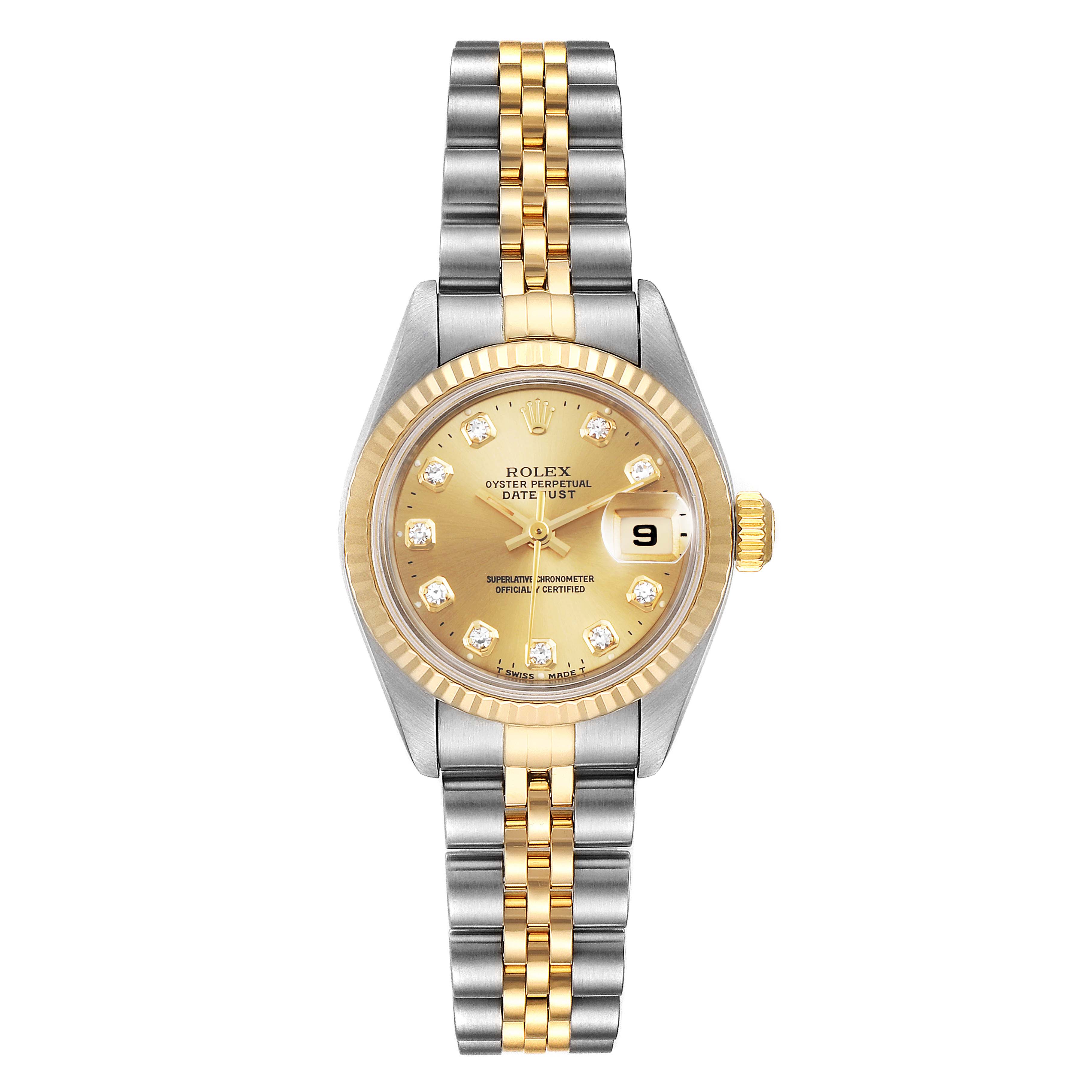 The image shows a front view of the Rolex Datejust 79173 Women's Steel and Gold (two tone) Champagne Dial 79173 Women's Steel and Gold (two tone) Champagne Dial watch, featuring its gold dial, two-tone bracelet, and date display.