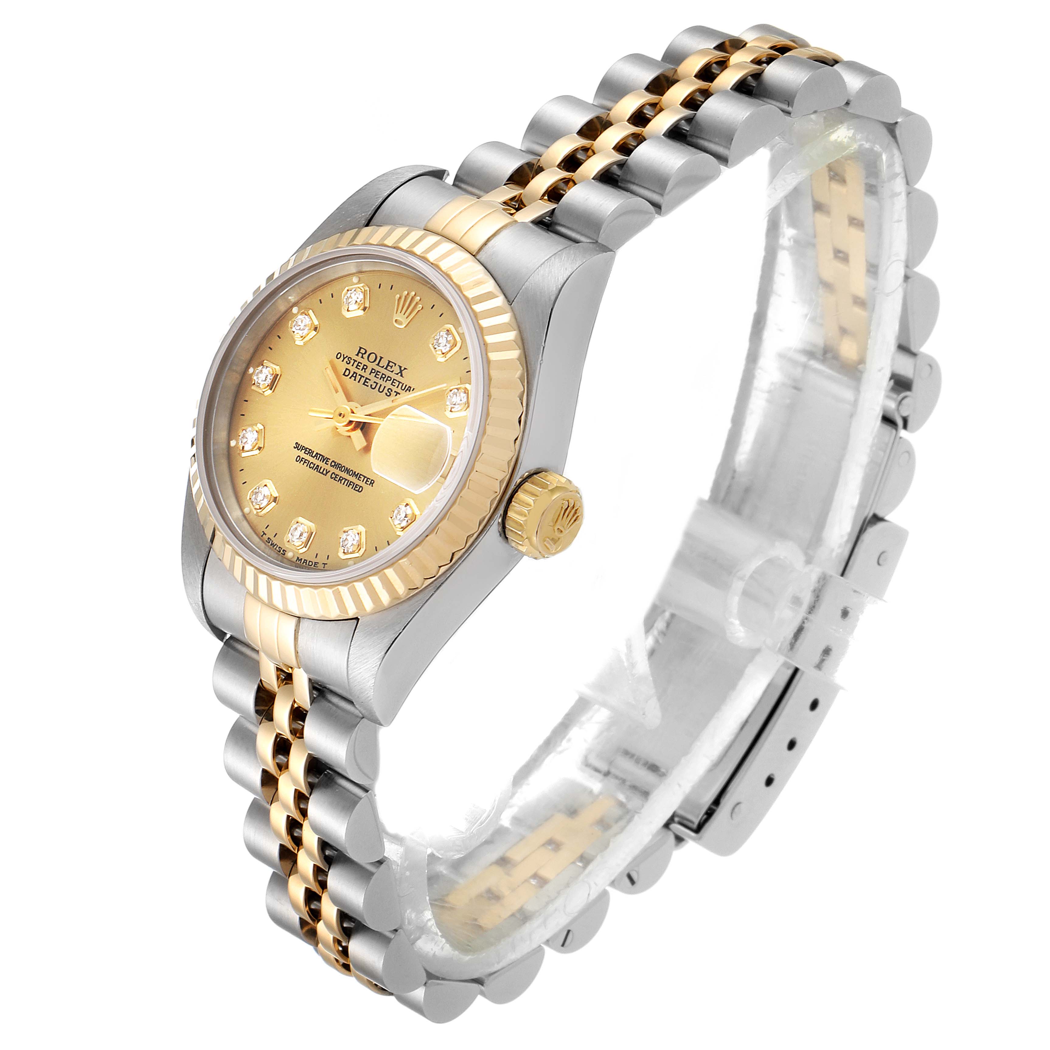 This image shows a Rolex Datejust 79173 Women's Steel and Gold (two tone) Champagne Dial 79173 Women's Steel and Gold (two tone) Champagne Dial watch from a side angle, highlighting its dial, bezel, and two-tone bracelet.