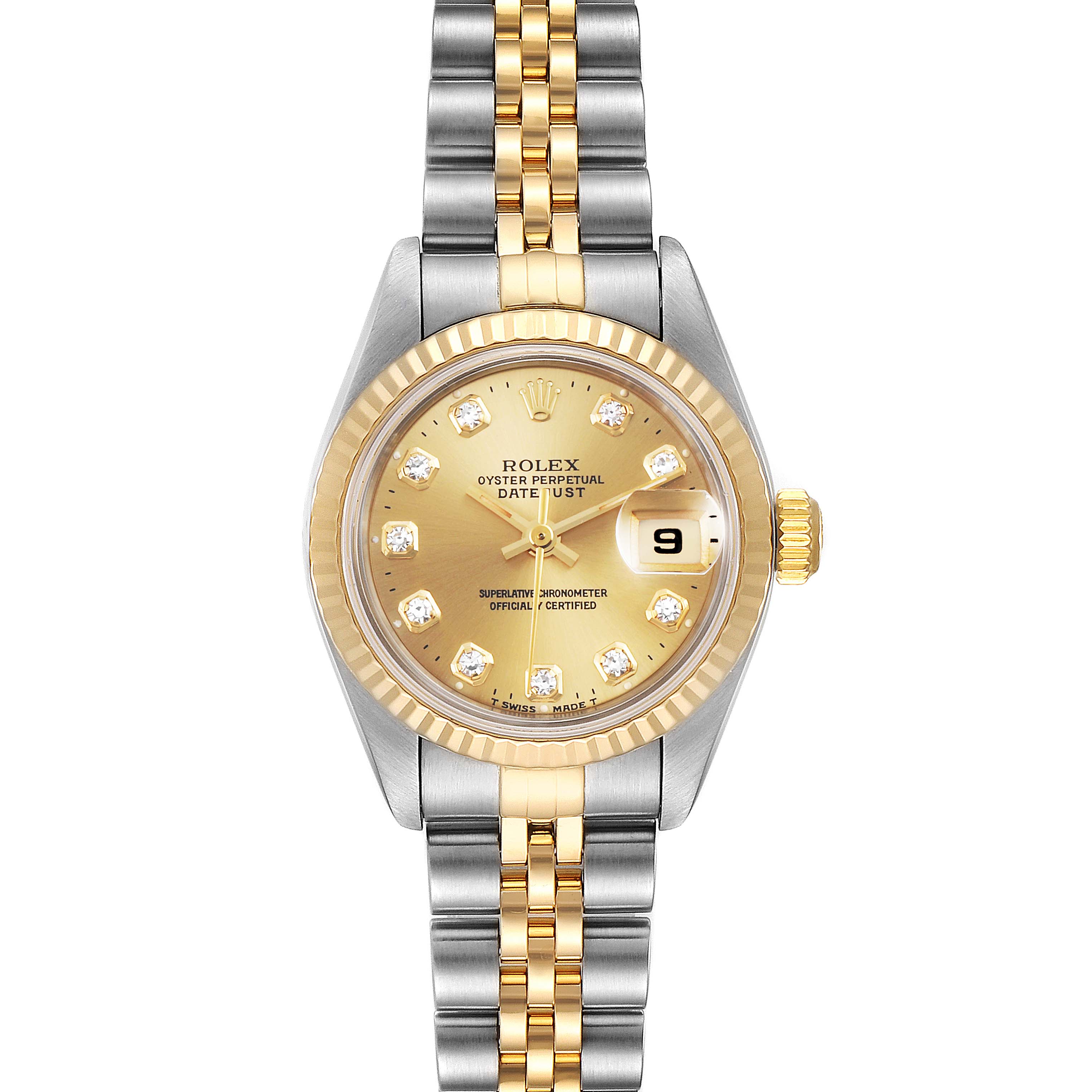 The image shows a front view of a Rolex Datejust 79173 Women's Steel and Gold (two tone) Champagne Dial 79173 Women's Steel and Gold (two tone) Champagne Dial watch, highlighting its two-tone bracelet, gold dial, and date window at 3 o'clock.