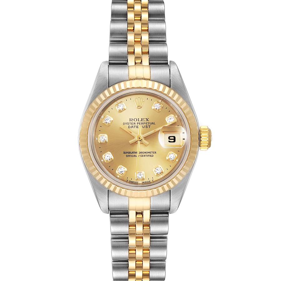 The image shows a front view of a Rolex Datejust 79173 Women's Steel and Gold (two tone) Champagne Dial 79173 Women's Steel and Gold (two tone) Champagne Dial watch, highlighting its two-tone bracelet, gold dial, and date window at 3 o'clock.
