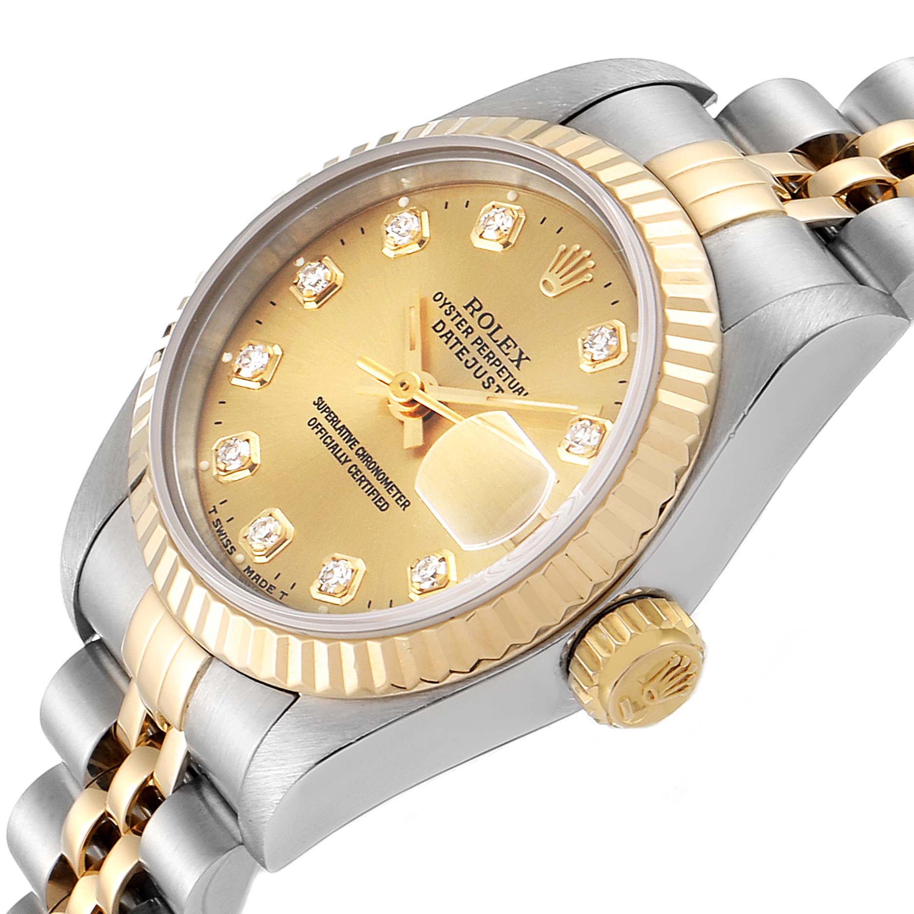 The image shows a close-up of the Rolex Datejust 79173 Women's Steel and Gold (two tone) Champagne Dial 79173 Women's Steel and Gold (two tone) Champagne Dial watch featuring the dial, bezel, crown, and part of the bracelet at an angled view.
