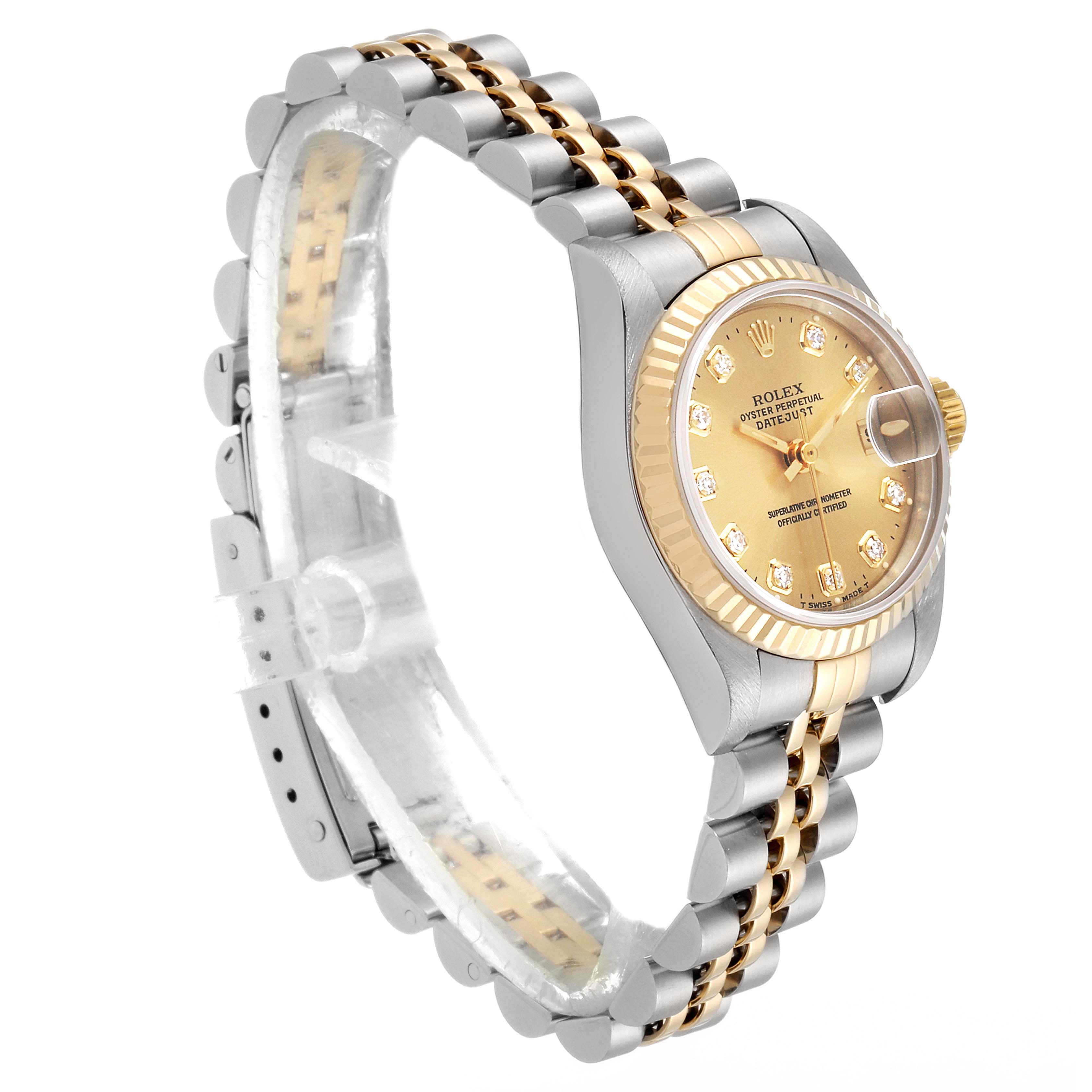 This image shows a side angle view of a Rolex Datejust 79173 Women's Steel and Gold (two tone) Champagne Dial 79173 Women's Steel and Gold (two tone) Champagne Dial watch, displaying the gold and silver bracelet and the gold dial with a diamond hour markers.