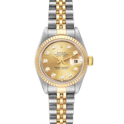 This image shows the front view of a Rolex Datejust 79173 Women's Steel and Gold (two tone) Champagne Dial 79173 Women's Steel and Gold (two tone) Champagne Dial watch, highlighting its gold dial, diamond hour markers, and two-tone bracelet.
