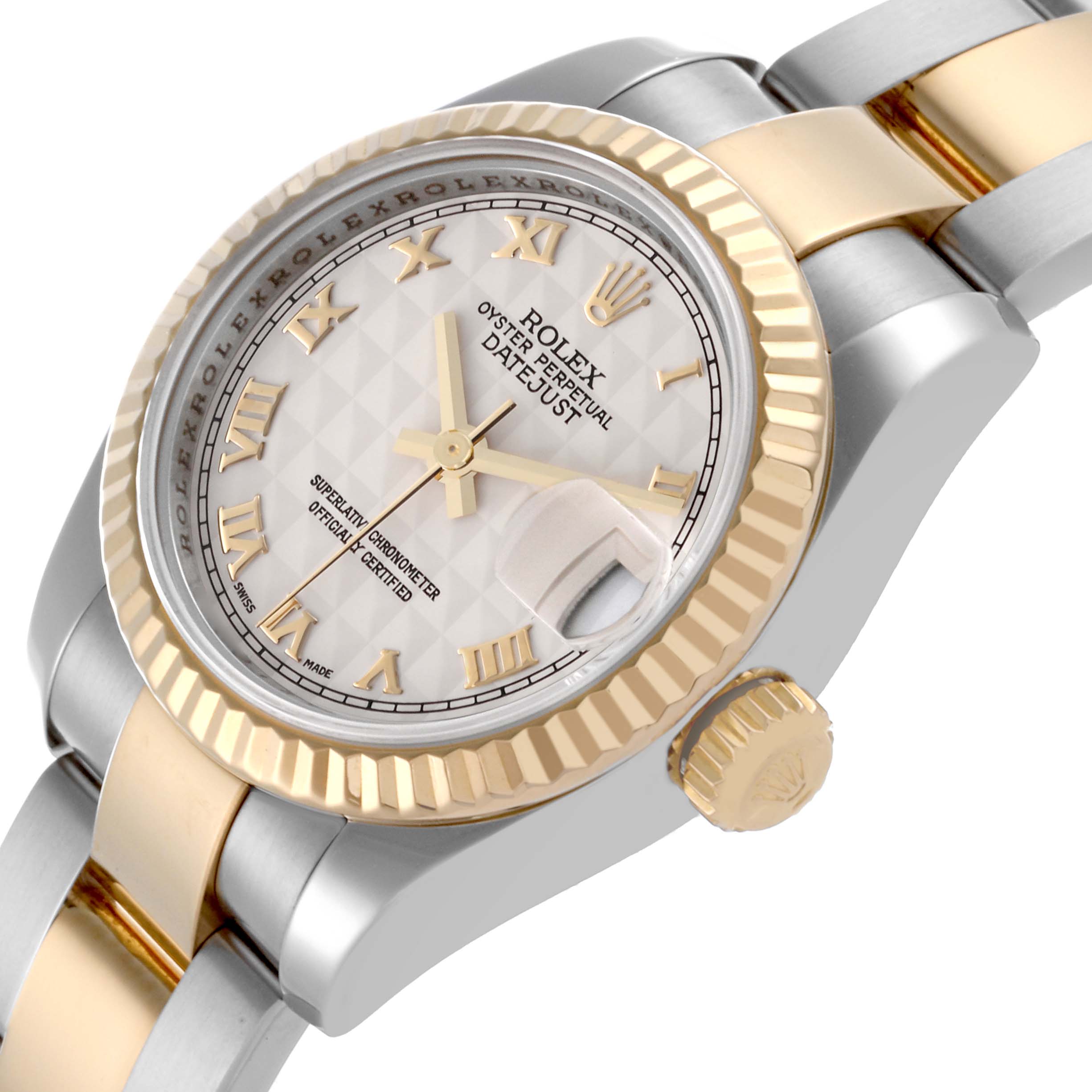 The image shows a side angle of the Rolex Datejust 179173 Women's Steel and Gold (two tone) Beige Dial 179173 Women's Steel and Gold (two tone) Beige Dial, highlighting the bezel, crown, dial, and bracelet.