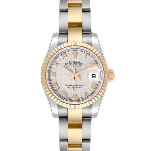The Rolex Datejust 179173 Women's Steel and Gold (two tone) Beige Dial 179173 Women's Steel and Gold (two tone) Beige Dial watch is shown from a top view, highlighting the face, bezel, and two-tone bracelet.