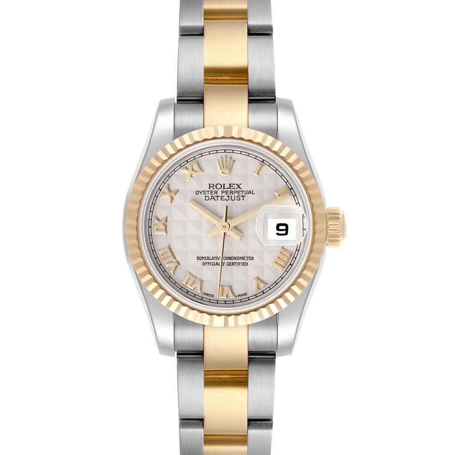 The Rolex Datejust 179173 Women's Steel and Gold (two tone) Beige Dial 179173 Women's Steel and Gold (two tone) Beige Dial watch is shown from the front, displaying the dial, bezel, crown, and two-tone bracelet.