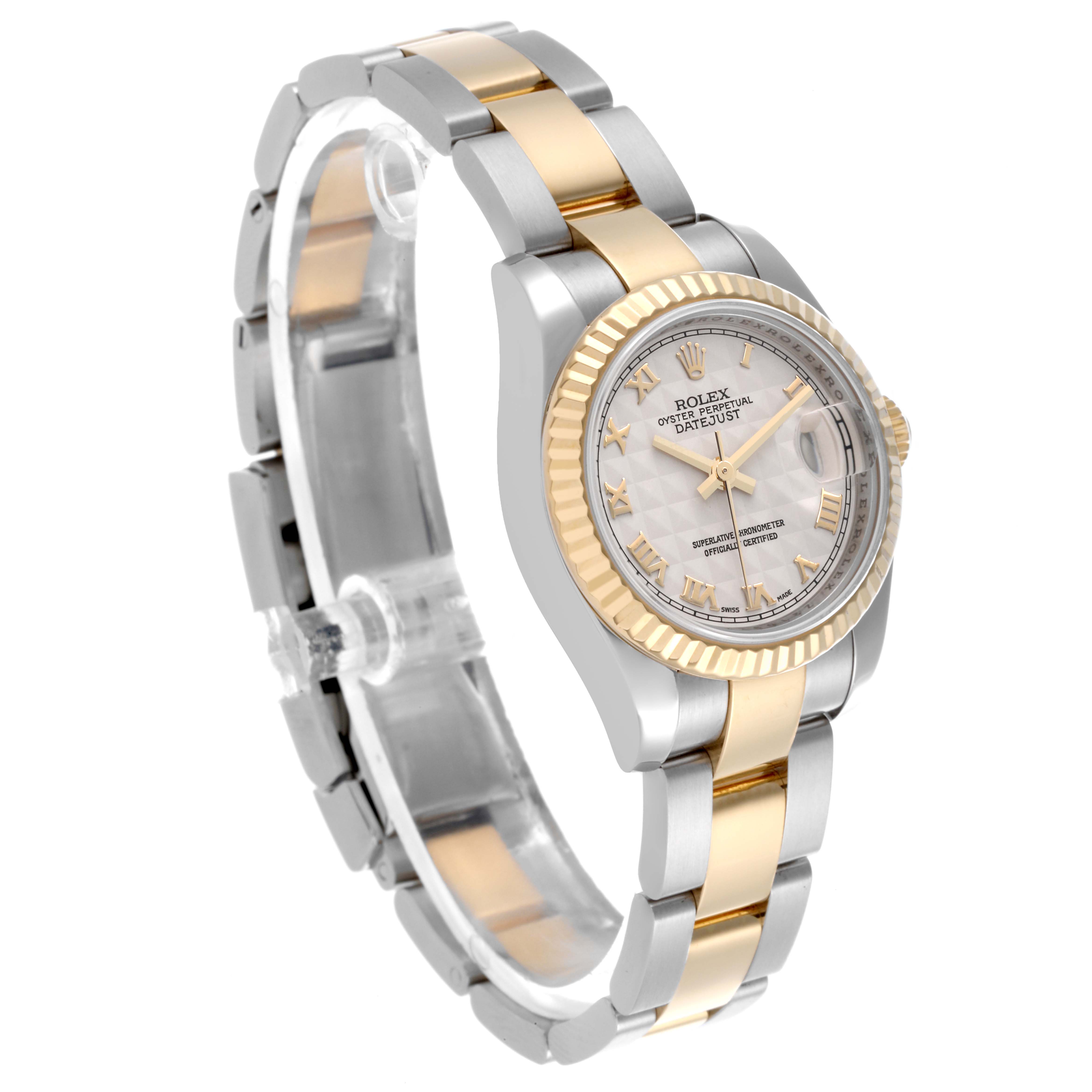 The Rolex Datejust 179173 Women's Steel and Gold (two tone) Beige Dial 179173 Women's Steel and Gold (two tone) Beige Dial watch is shown at a side angle, highlighting its two-tone bracelet, bezel, and face.