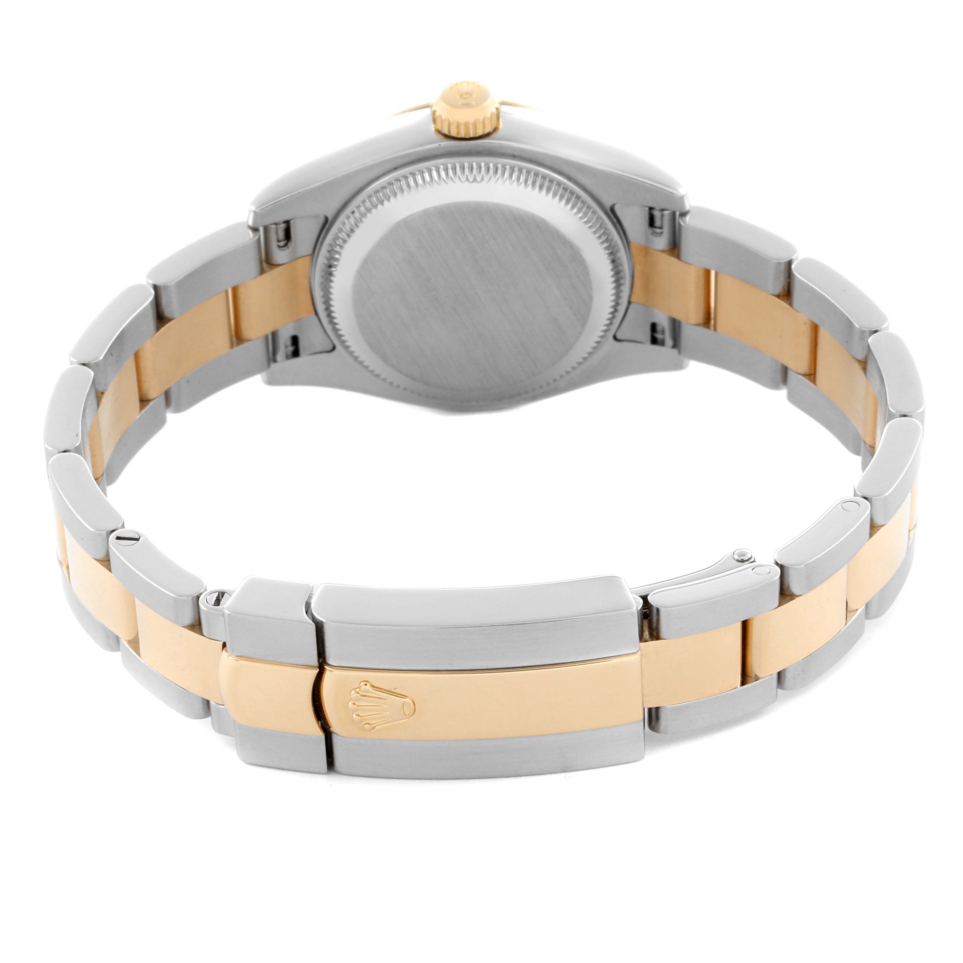 The image shows the back of a Rolex Datejust 179173 Women's Steel and Gold (two tone) Beige Dial 179173 Women's Steel and Gold (two tone) Beige Dial, highlighting the case back and two-tone bracelet from a rear angle.