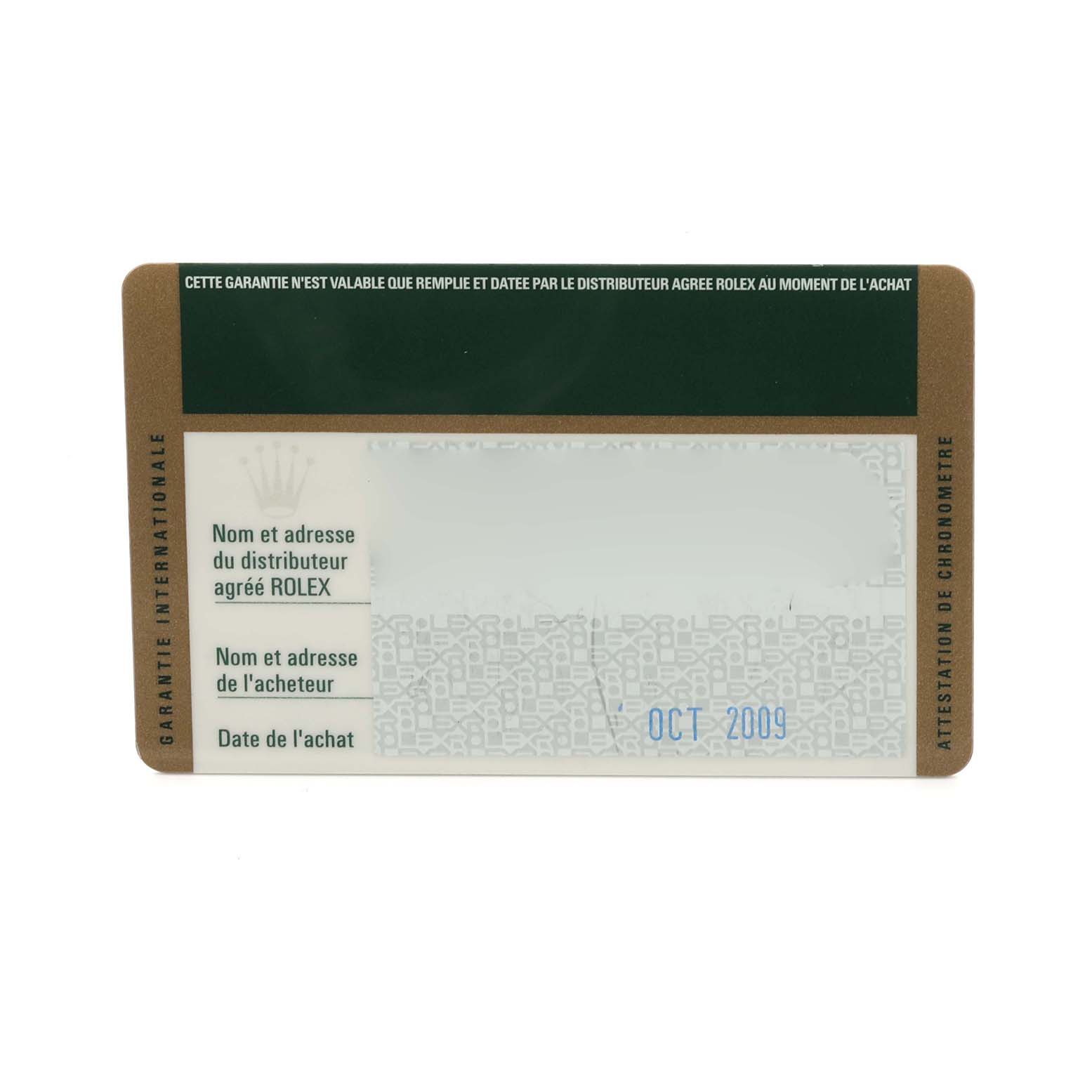 The image shows an international warranty card for a Rolex Daytona 116520 Men's Stainless Steel Black Dial 116520 Men's Stainless Steel Black Dial, displaying details like distributor and purchase date.