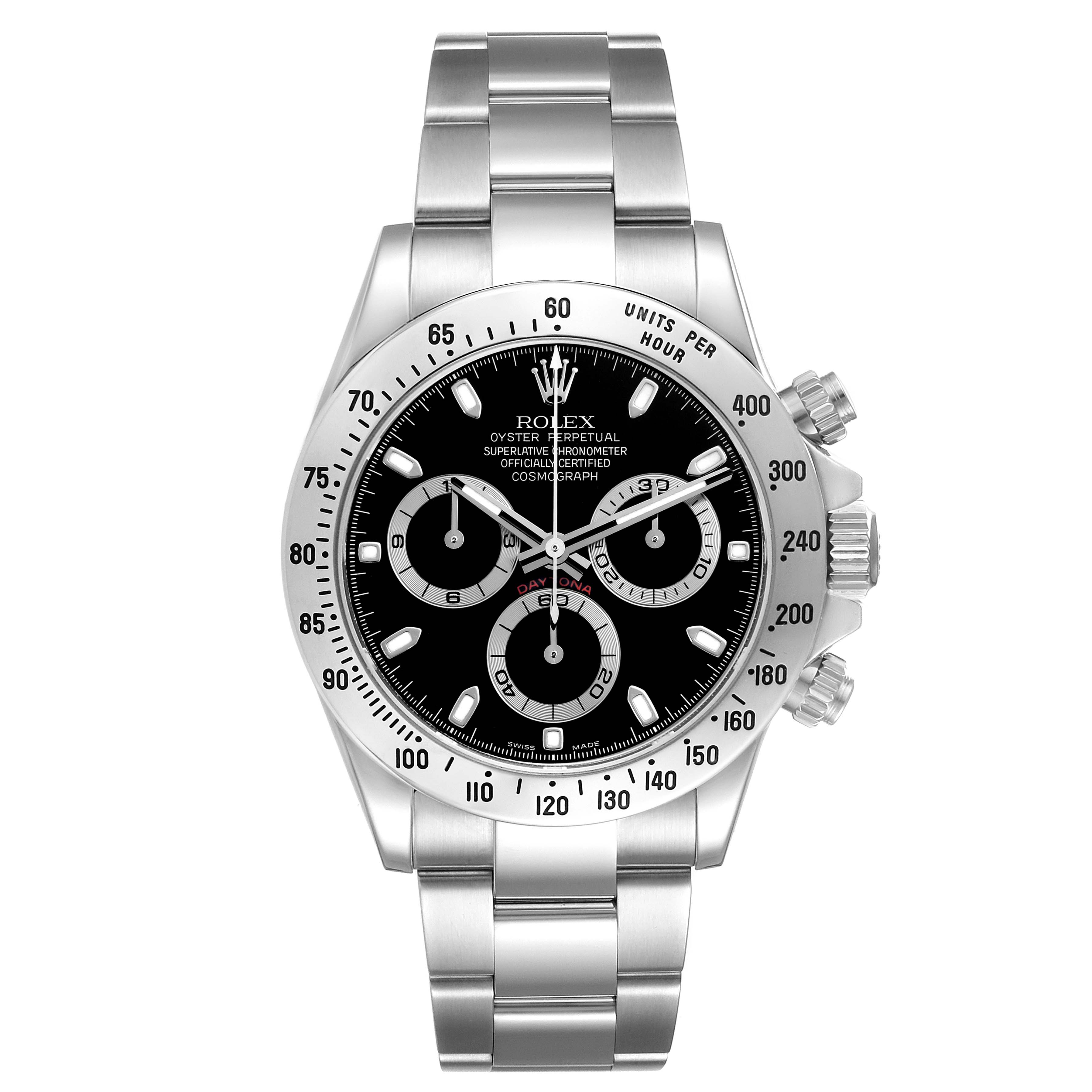 The Rolex Daytona 116520 Men's Stainless Steel Black Dial 116520 Men's Stainless Steel Black Dial watch is shown from the front, displaying the face, bezel, and bracelet with detailed markings and subdials.
