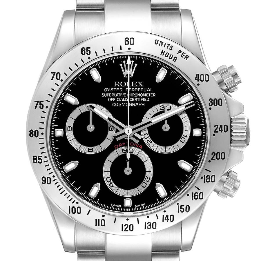 The Rolex Daytona 116520 Men's Stainless Steel Black Dial 116520 Men's Stainless Steel Black Dial watch is shown from a front angle, highlighting the dial, bezel, and chronograph sub-dials.