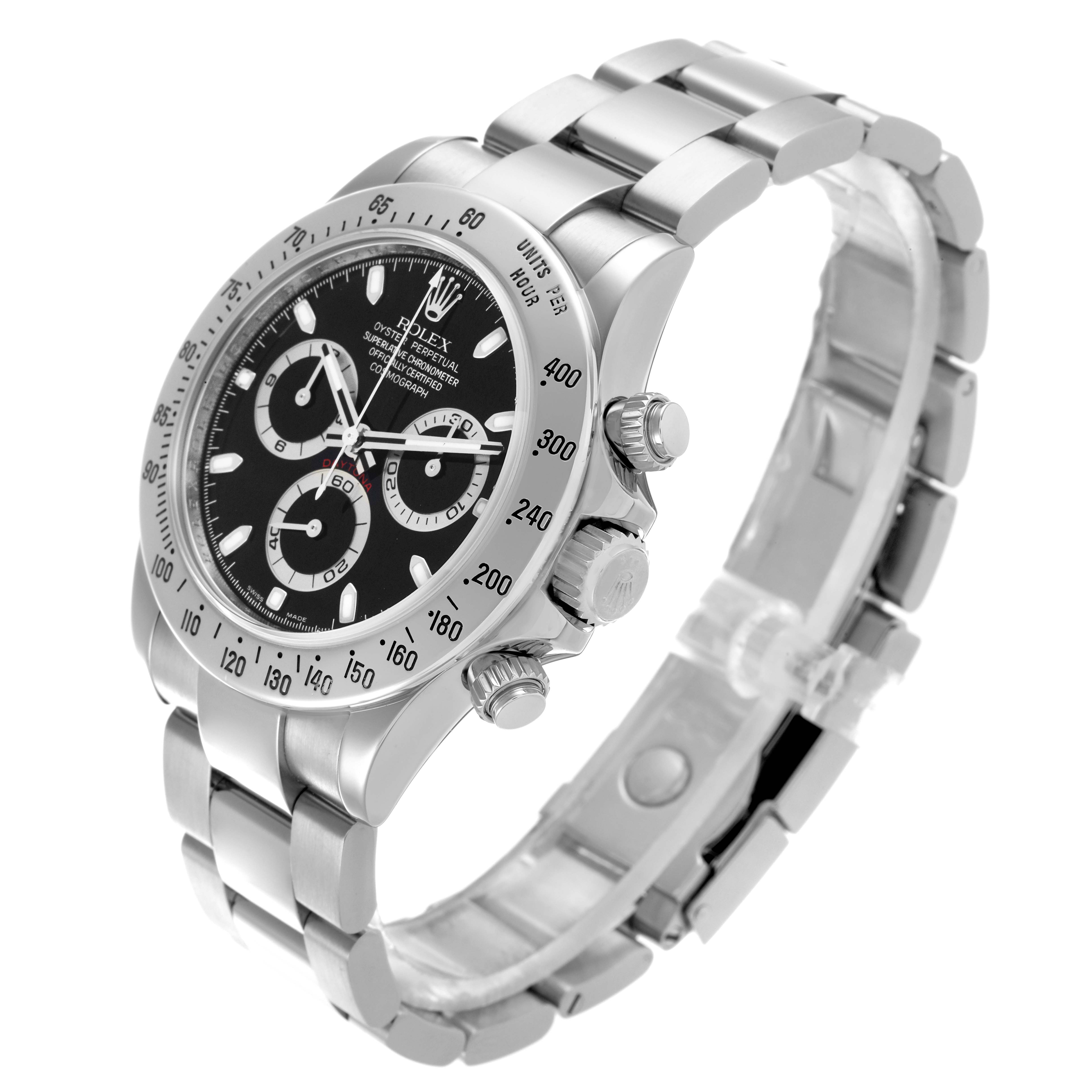 The image shows a Rolex Daytona 116520 Men's Stainless Steel Black Dial 116520 Men's Stainless Steel Black Dial watch at a three-quarter angle, highlighting the face, bezel, side buttons, and bracelet.