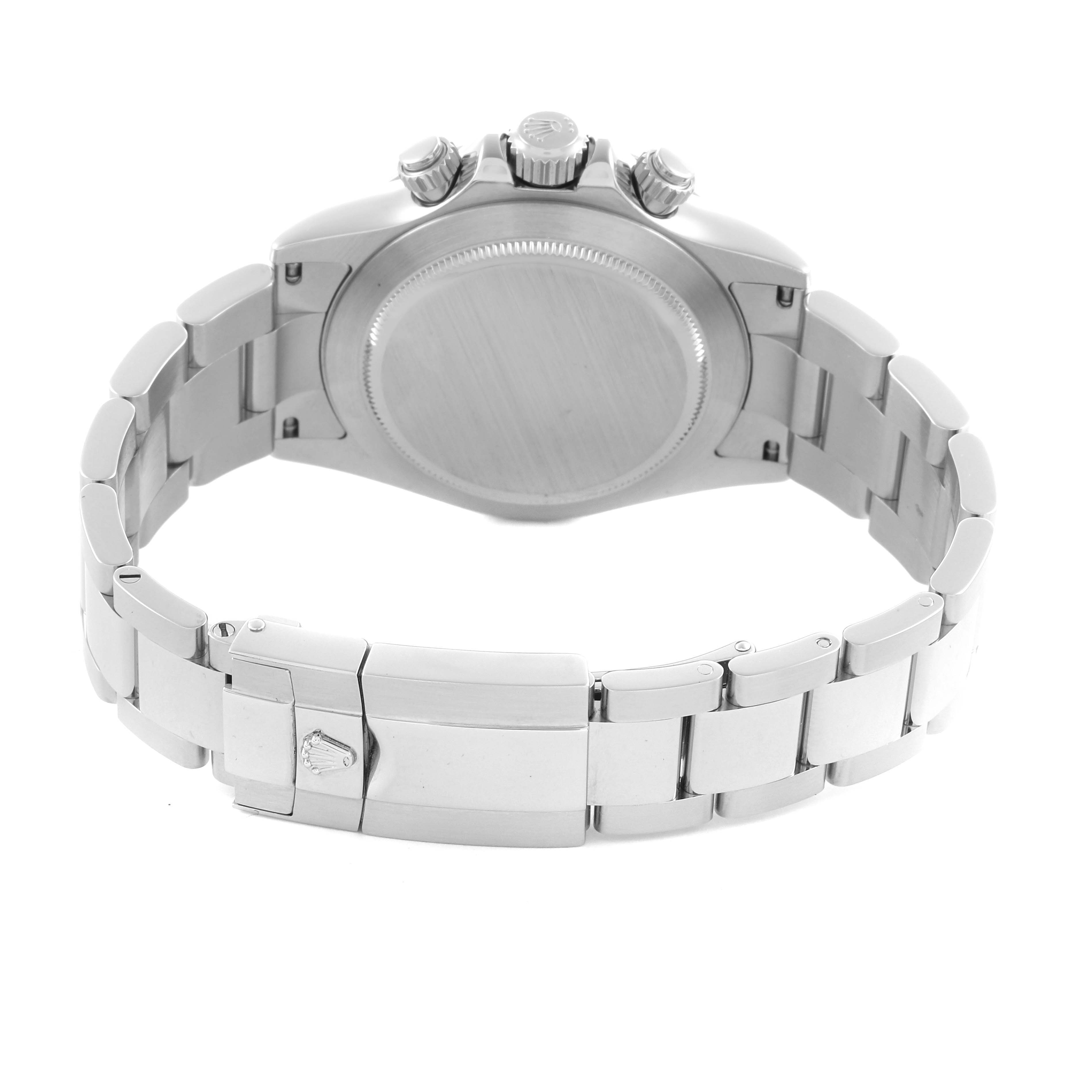 The image shows the back case and bracelet of a Rolex Daytona 116520 Men's Stainless Steel Black Dial 116520 Men's Stainless Steel Black Dial, including the clasp and side view of the watch case.