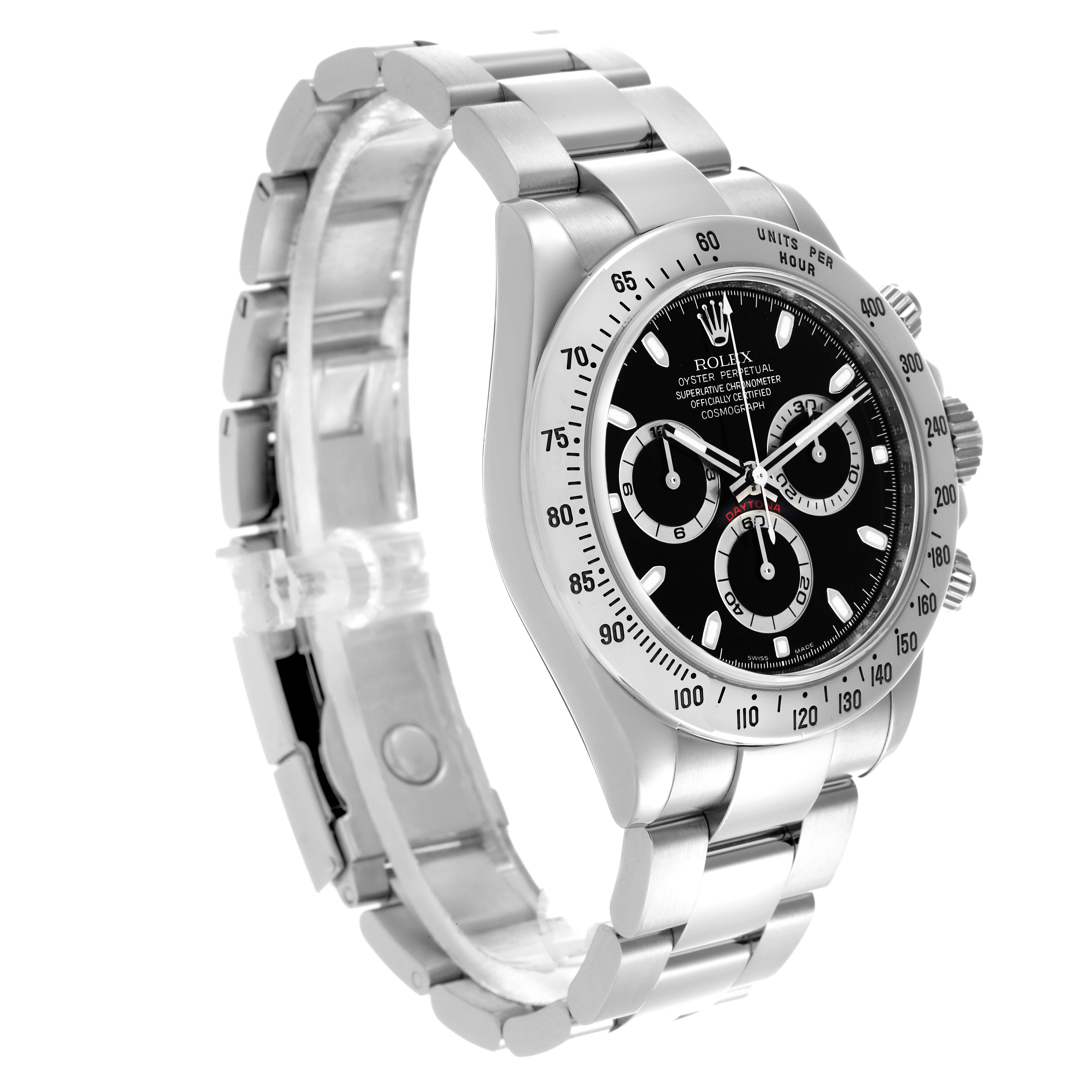 The Rolex Daytona 116520 Men's Stainless Steel Black Dial 116520 Men's Stainless Steel Black Dial watch is shown from a front-side angle, highlighting the dial, bezel, and bracelet.