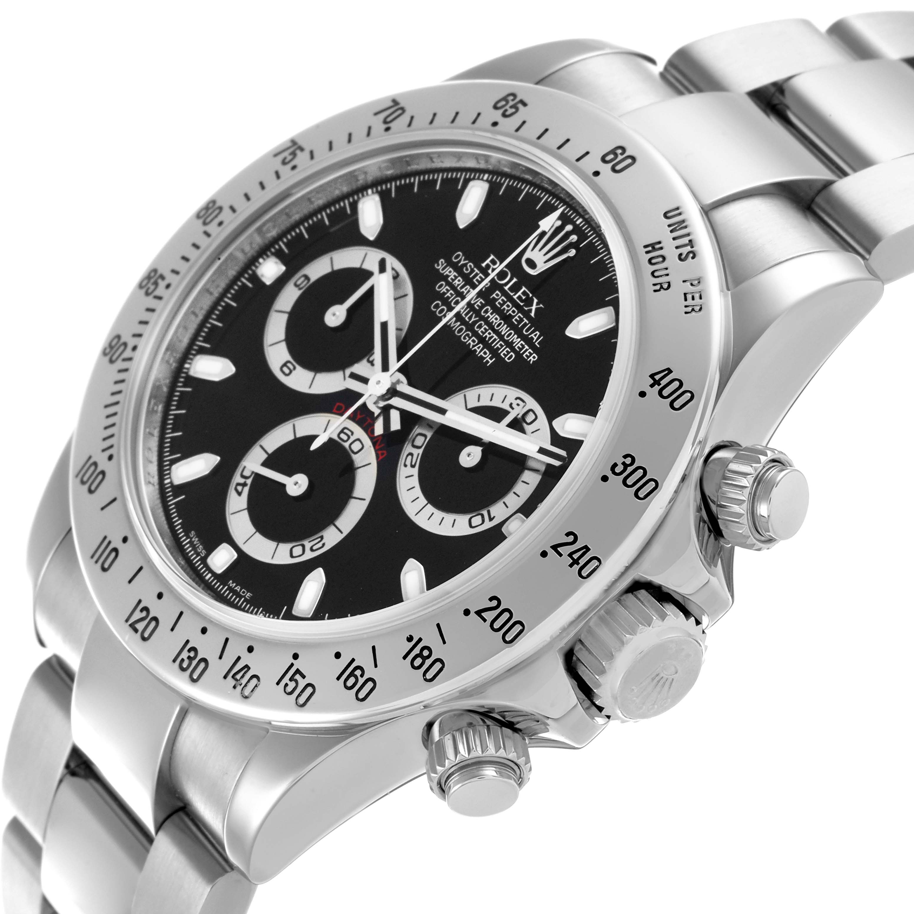 The Rolex Daytona 116520 Men's Stainless Steel Black Dial 116520 Men's Stainless Steel Black Dial watch is shown at an angled close-up, highlighting the dial, bezel, pushers, and part of the bracelet.