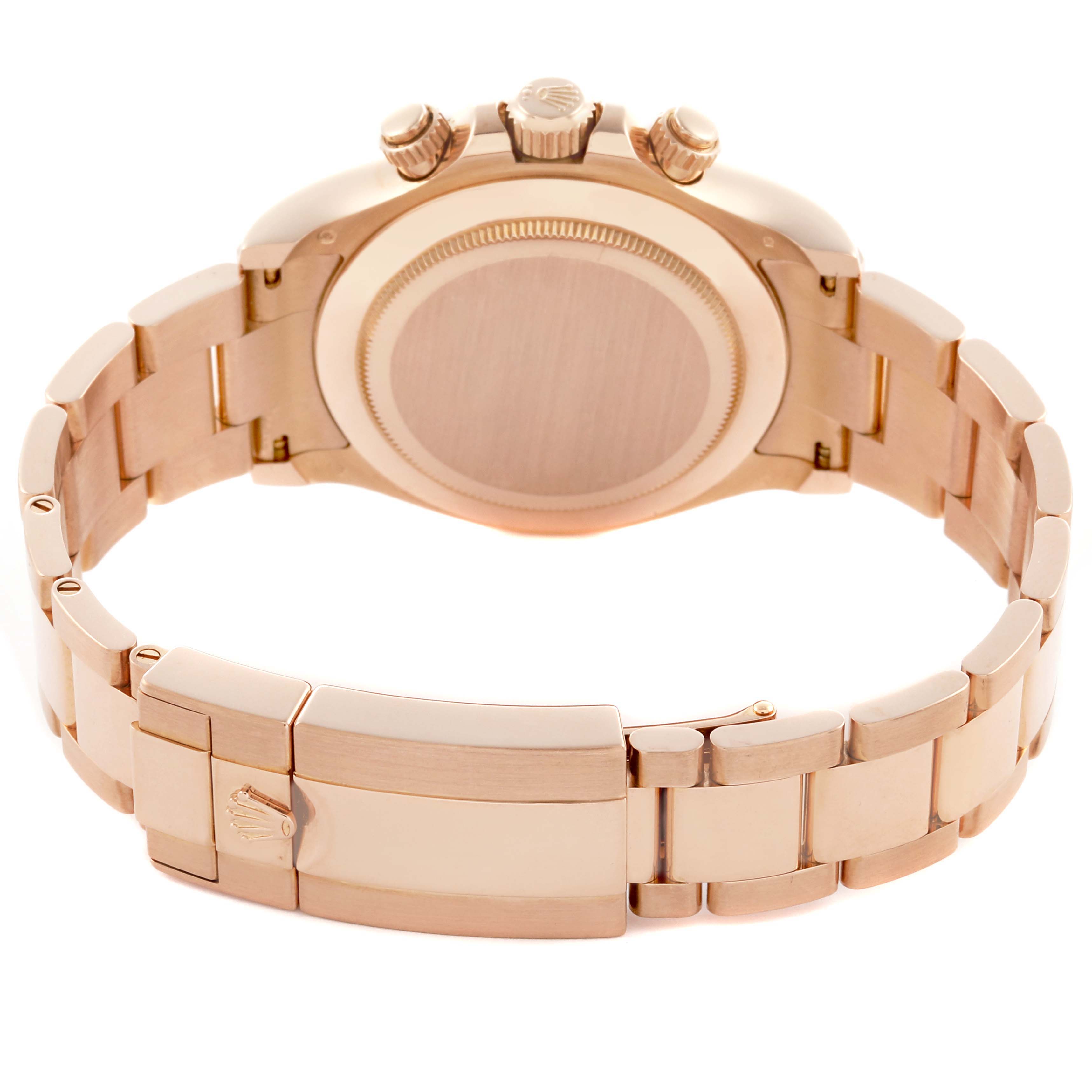 The image shows the back case and bracelet of a Rolex Daytona 116505 Men's Rose Gold Black Dial 116505 Men's Rose Gold Black Dial watch, viewed from the rear.