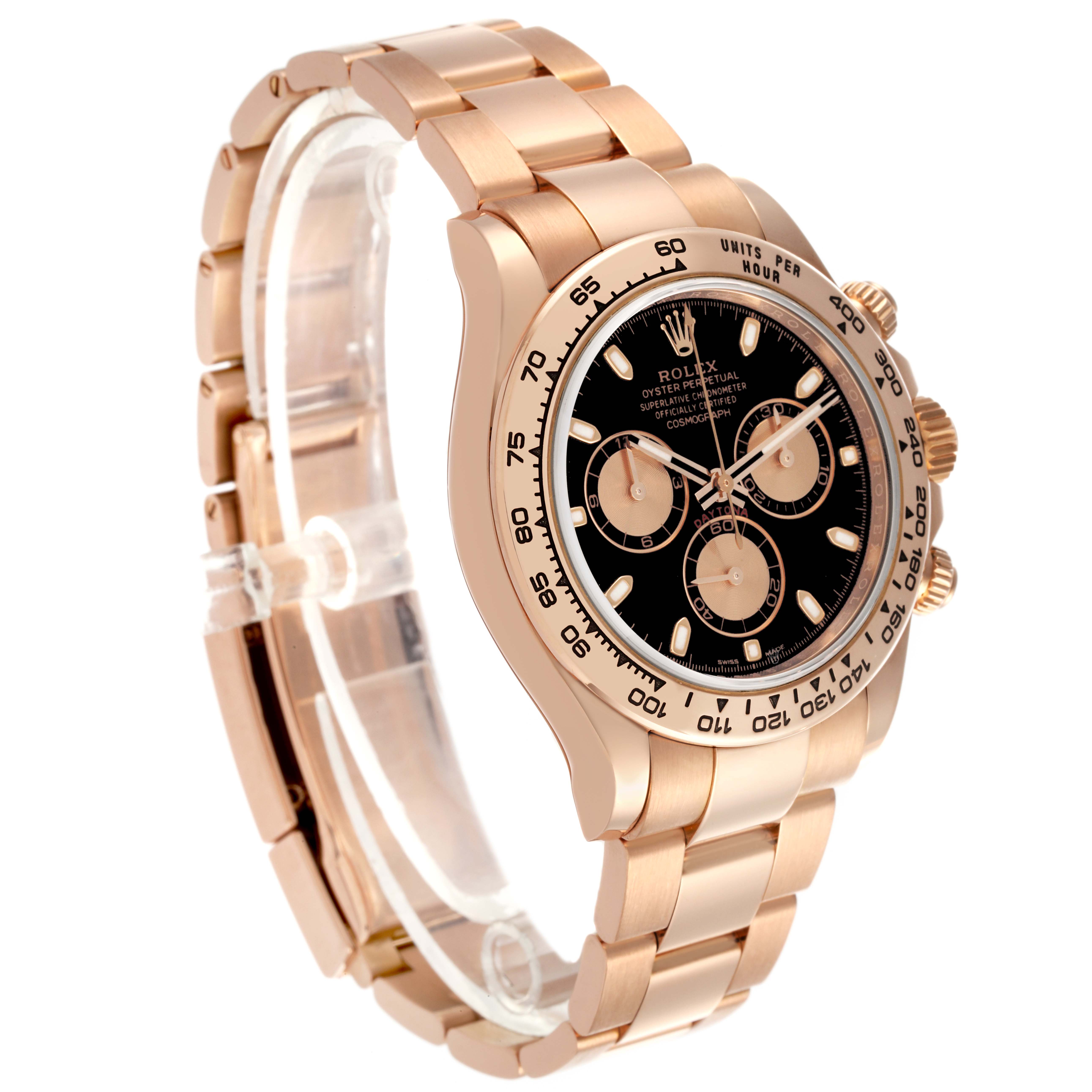 The Rolex Daytona 116505 Men's Rose Gold Black Dial 116505 Men's Rose Gold Black Dial watch is shown at a three-quarter angle, highlighting the face, case, and bracelet.