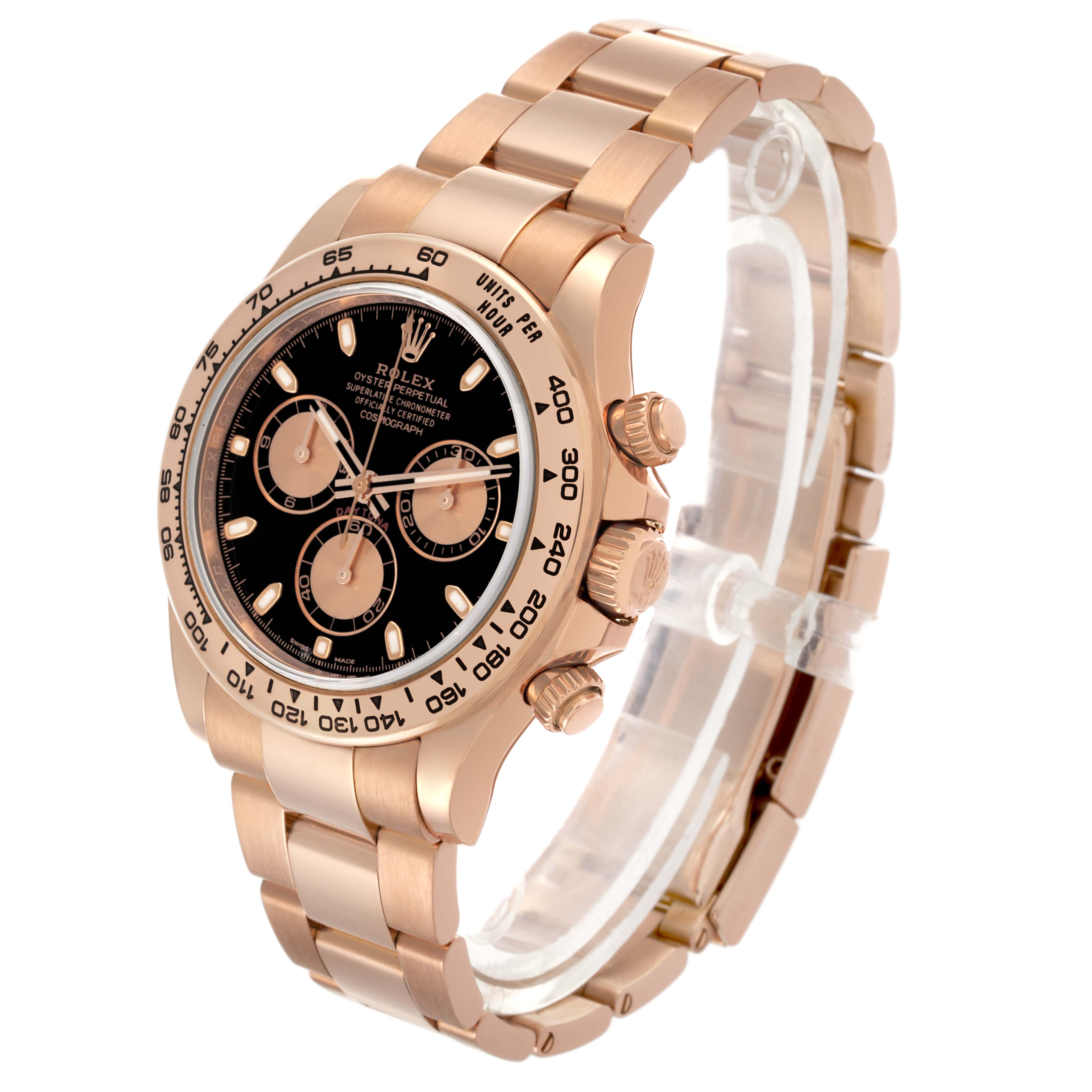The image shows a Rolex Daytona 116505 Men's Rose Gold Black Dial 116505 Men's Rose Gold Black Dial watch at a slight side angle, highlighting the dial, bezel, crown, and bracelet.