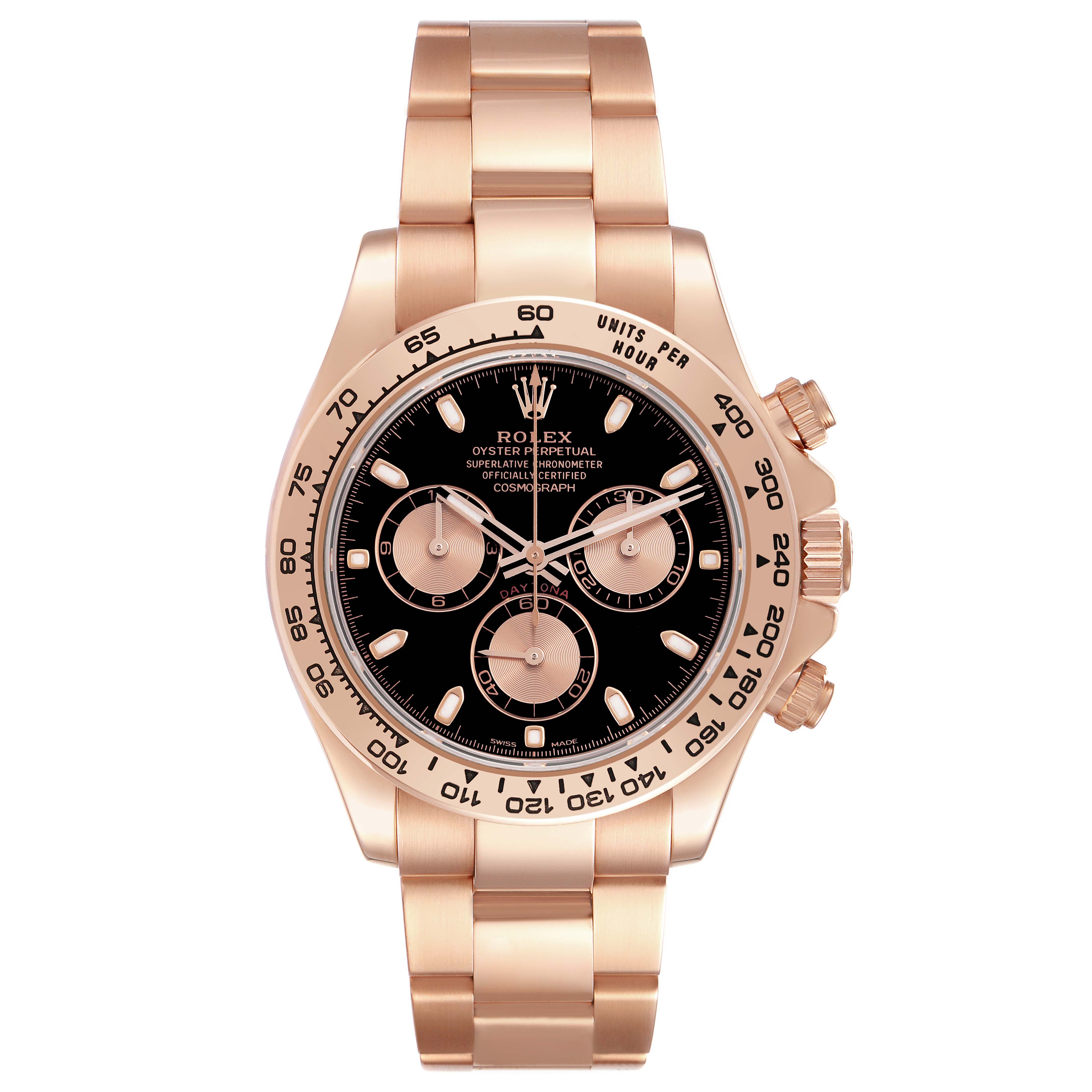 The Rolex Daytona 116505 Men's Rose Gold Black Dial 116505 Men's Rose Gold Black Dial watch is shown from the front, displaying the face, bezel, and full bracelet.