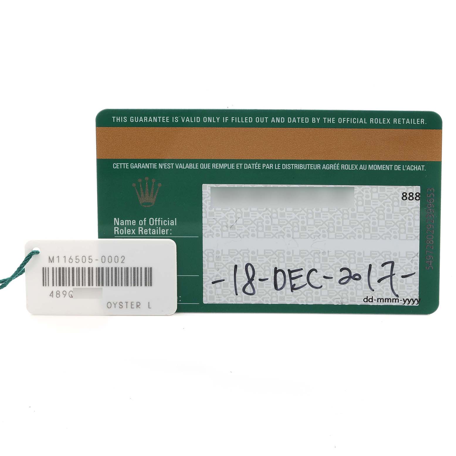 The image shows a warranty card and tag for a Rolex Daytona 116505 Men's Rose Gold Black Dial 116505 Men's Rose Gold Black Dial watch, model M116505-0002.