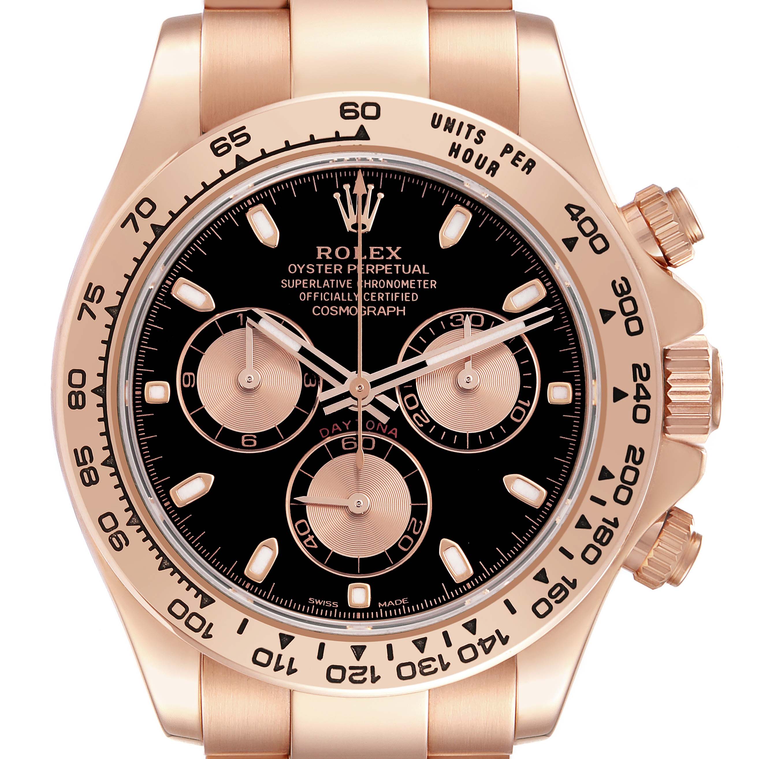 The image shows a front, zoomed-in view of the Rolex Daytona 116505 Men's Rose Gold Black Dial 116505 Men's Rose Gold Black Dial, highlighting the dial, bezel, and subdials.