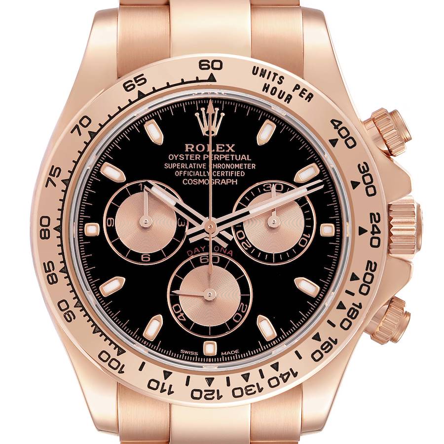 The image shows a front, zoomed-in view of the Rolex Daytona 116505 Men's Rose Gold Black Dial 116505 Men's Rose Gold Black Dial, highlighting the dial, bezel, and subdials.