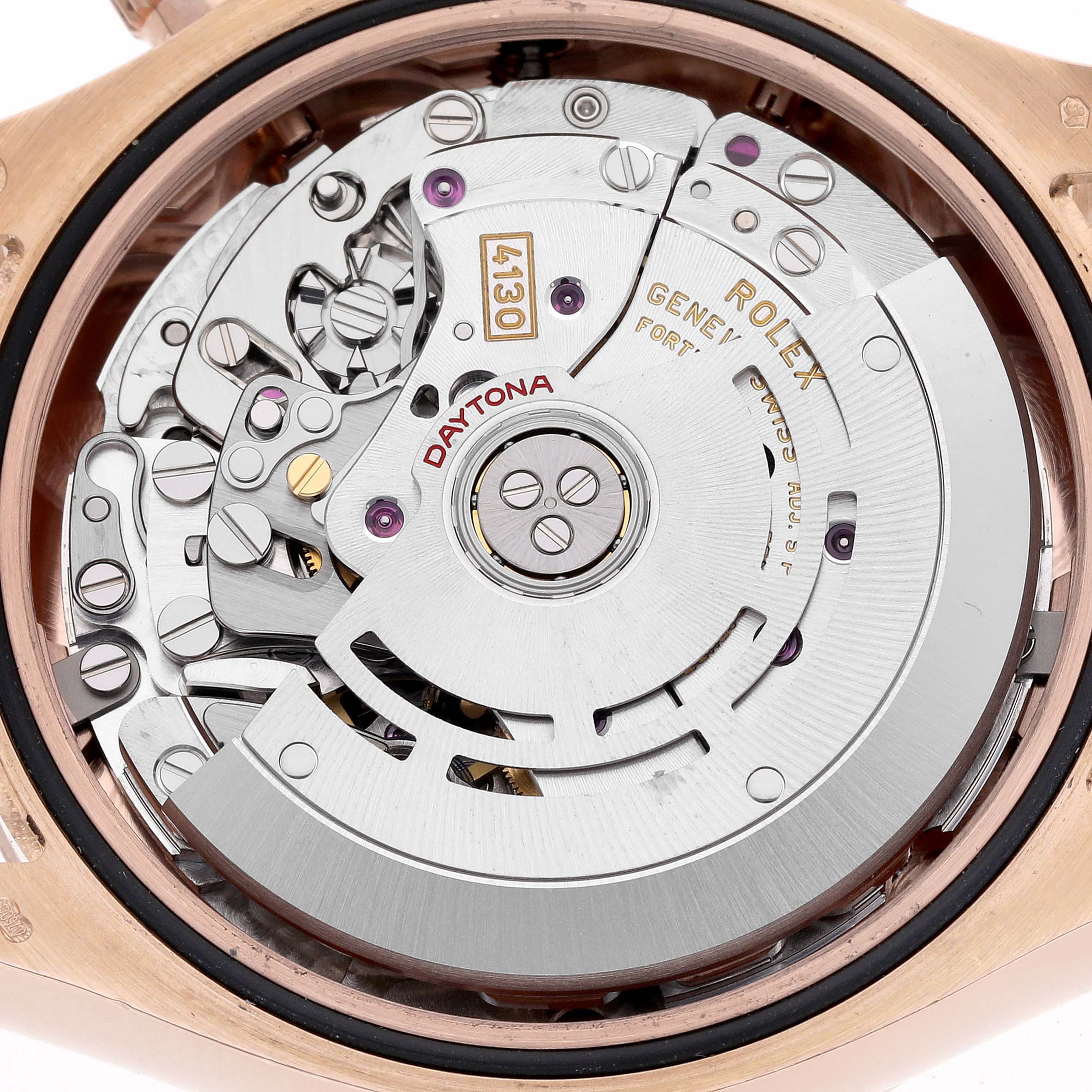 The image shows the movement of a Rolex Daytona 116505 Men's Rose Gold Black Dial 116505 Men's Rose Gold Black Dial watch from the back, highlighting the inner mechanics.