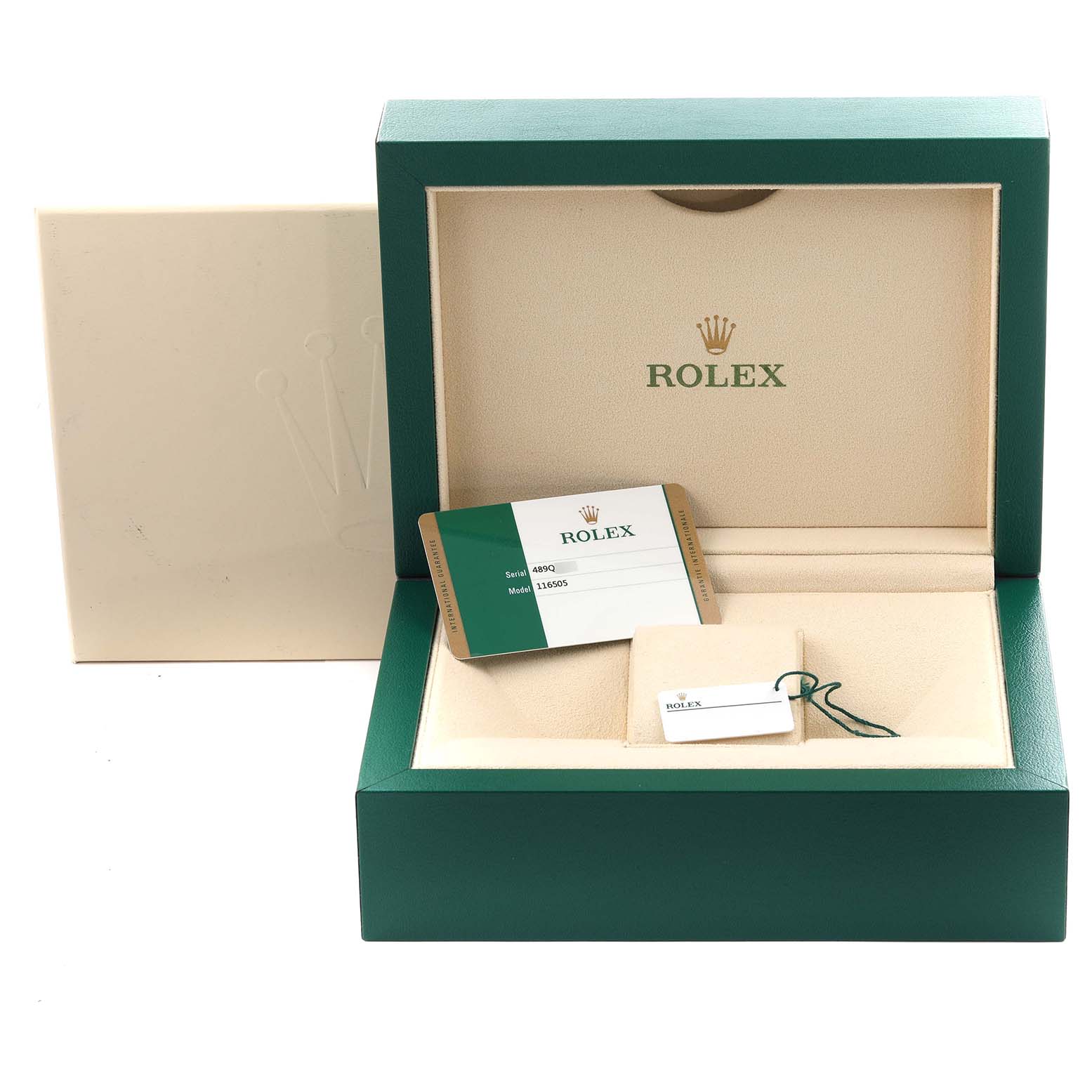 The image shows an open green Rolex Daytona 116505 Men's Rose Gold Black Dial 116505 Men's Rose Gold Black Dial box, warranty card, tag, and packaging.