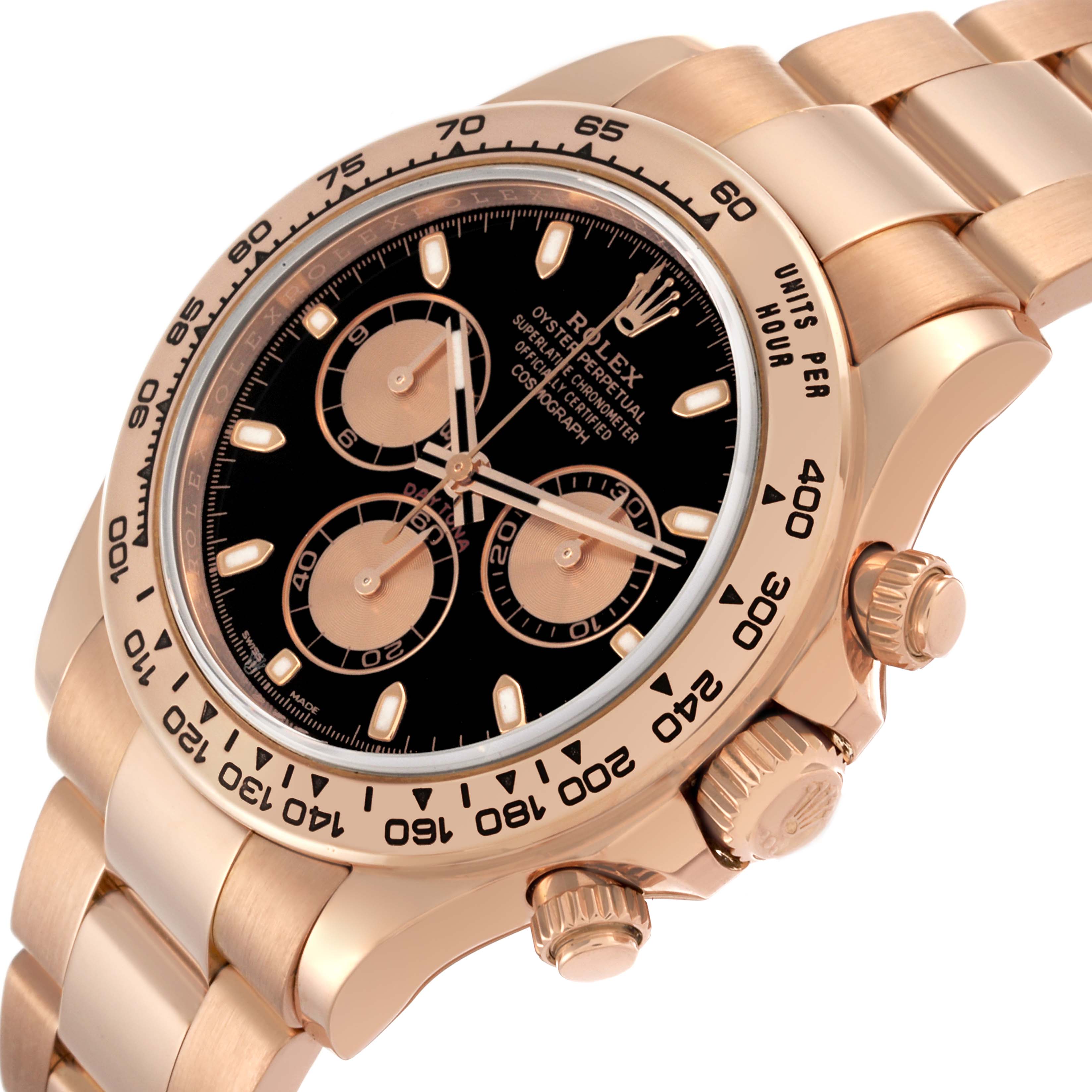 The Rolex Daytona 116505 Men's Rose Gold Black Dial 116505 Men's Rose Gold Black Dial watch is shown at an angle highlighting the bezel, dial, and side crown.