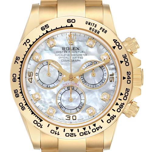 The Rolex Daytona 116508 Men's Yellow Gold Mother of Pearl Dial 116508 Men's Yellow Gold Mother of Pearl Dial watch is shown from the front, highlighting its face, bezel, and part of its bracelet.