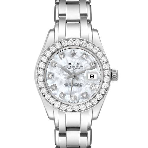 The Rolex Pearlmaster 80299 Women's White Gold Mother of Pearl Dial 80299 Women's White Gold Mother of Pearl Dial watch is shown from a front angle, highlighting its face, bracelet, and bezel.