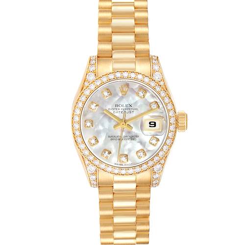 The Rolex President 179158 Women's Yellow Gold Mother of Pearl Dial 179158 Women's Yellow Gold Mother of Pearl Dial model is shown from a front angle, highlighting its bezel, dial, and bracelet.