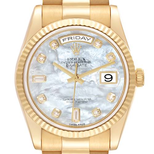 The Rolex President 118238 Men's Yellow Gold Mother of Pearl Dial 118238 Men's Yellow Gold Mother of Pearl Dial model is shown from a front angle, highlighting the face, bezel, bracelet, and crown.