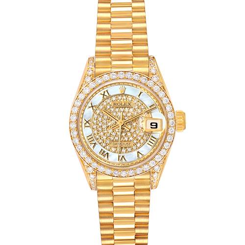 This image shows a Rolex President 69158 Women's Yellow Gold Mother of Pearl Dial 69158 Women's Yellow Gold Mother of Pearl Dial model watch from a top-down view, highlighting its diamond-studded bezel, face, and gold bracelet.