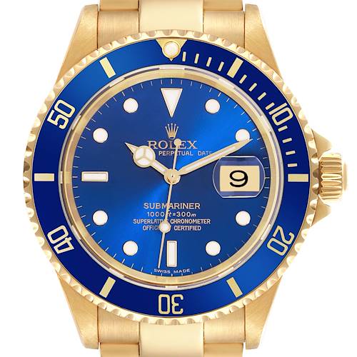 The image shows a front view of a Rolex Submariner 16618 Men's Yellow Gold Blue Dial 16618 Men's Yellow Gold Blue Dial watch, displaying its blue dial, bezel, and date window.