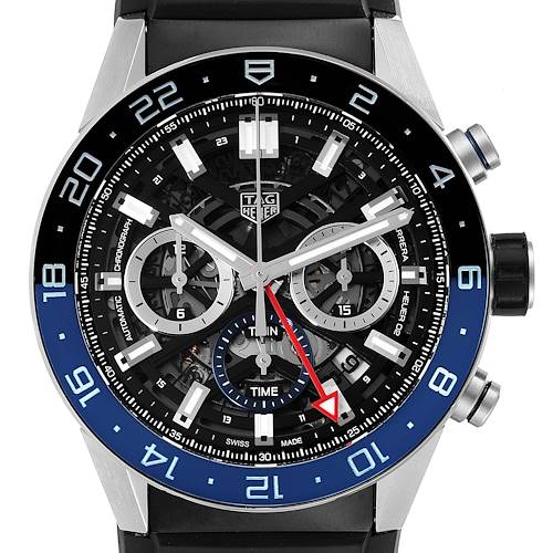 This image shows a Tag Heuer Carrera CBG2A11.FC6460 Men's Stainless Steel Blue Dial CBG2A11.FC6460 Men's Stainless Steel Blue Dial model watch front-facing, highlighting its dial, bezel, and chronograph sub-dials.