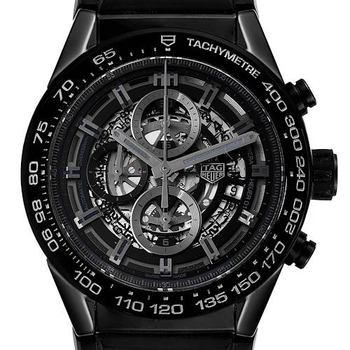 The image shows a close-up view of the dial and bezel of the Tag Heuer Carrera CAR2A90.FT6071 Men's Ceramic Black Dial CAR2A90.FT6071 Men's Ceramic Black Dial watch with its intricate mechanical design.