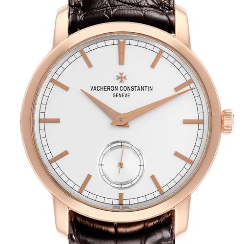 The Vacheron Constantin Traditionnelle 82172/000R-9382 Men's Rose Gold Silver Dial 82172/000R-9382 Men's Rose Gold Silver Dial watch is shown from a front angle displaying the dial, hands, and crown.