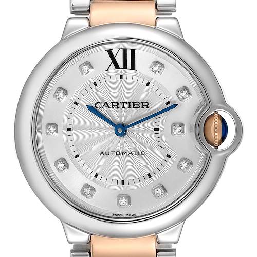 The image shows a close-up, front view of a Cartier Ballon Bleu W3BB0018 Women's Steel and Gold (two tone) Silver Dial W3BB0018 Women's Steel and Gold (two tone) Silver Dial watch face, highlighting its dial and signature crown guard.