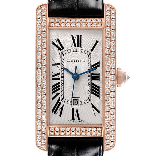 The Cartier Tank Americaine 2504 Women's Rose Gold Silver Dial 2504 Women's Rose Gold Silver Dial watch is shown from the front, highlighting its diamond bezel and dial with Roman numerals.