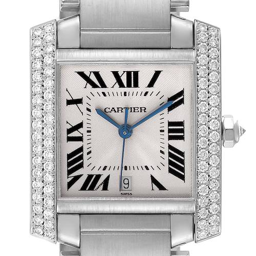This image shows a close-up front view of the Cartier Tank Française watch, highlighting its face, hands, and diamond-set bezel.